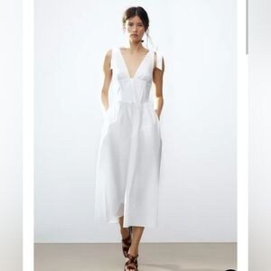 Zara White Midi Sundress with V-Neck and Tie Straps NWT